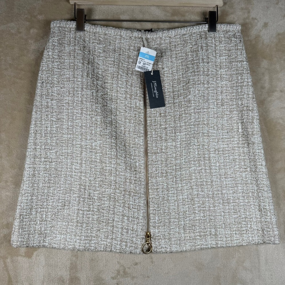 J.McLaughlin NWT Sz 12 Bonnebelle Tweed A-Line Skirt Oatmeal Silver Metallic Zip